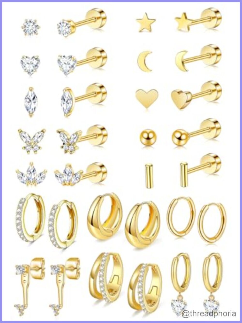 14K Gold Plated Flat Back Earrings Hoops Set 16 Pairs Hypoallergenic Cartilage